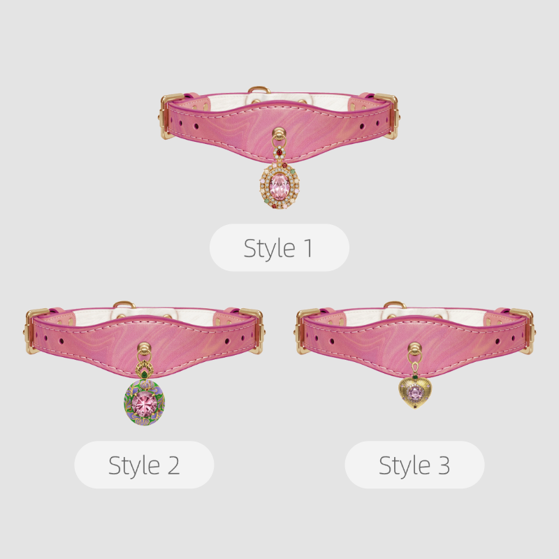 Three styles of pink chokers with heart-shaped charms on a light gray background