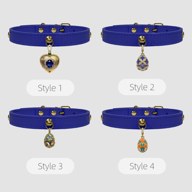 Four blue chokers with different heart-shaped pendants on a light gray background