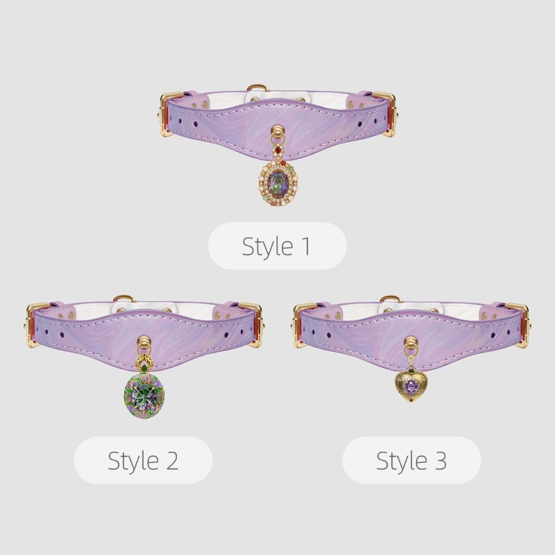 Three styles of a lavender choker with decorative elements on a light gray background