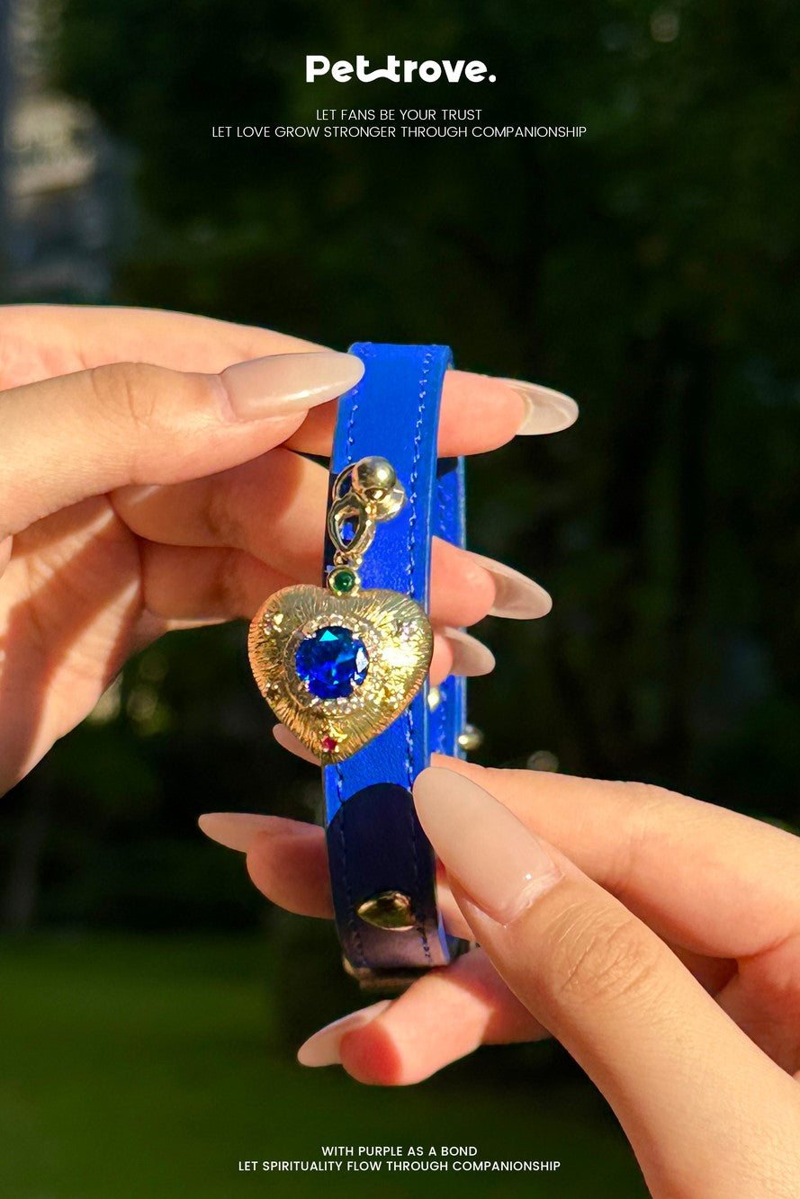 Pettrove Handmade Rhinestone Dog & Cat Leather Collar Blue Crystal Pendant