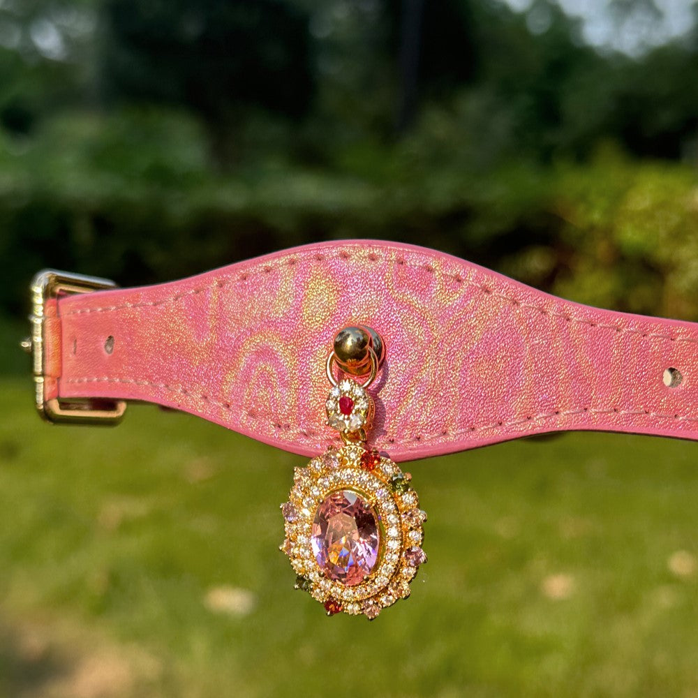 Pettrove Handmade Rhinestone Dog & Cat Leather Collar Pink Zircon Pendant