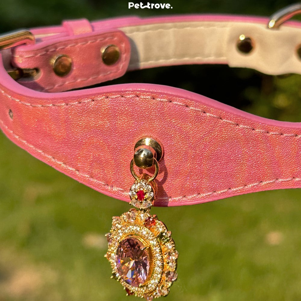 Pettrove Handmade Rhinestone Dog & Cat Leather Collar Pink Zircon Pendant