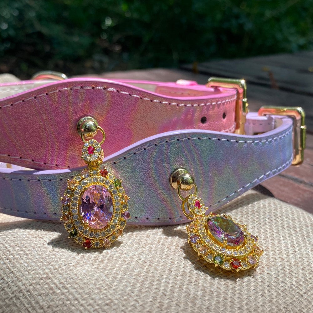 Pettrove Handmade Rhinestone Dog & Cat Leather Collar Purple Zircon Pendant