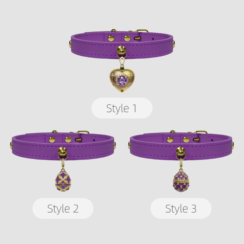 Pettrove Handmade Rhinestone Dog & Cat Leather Collar Purple Crystal Pendant