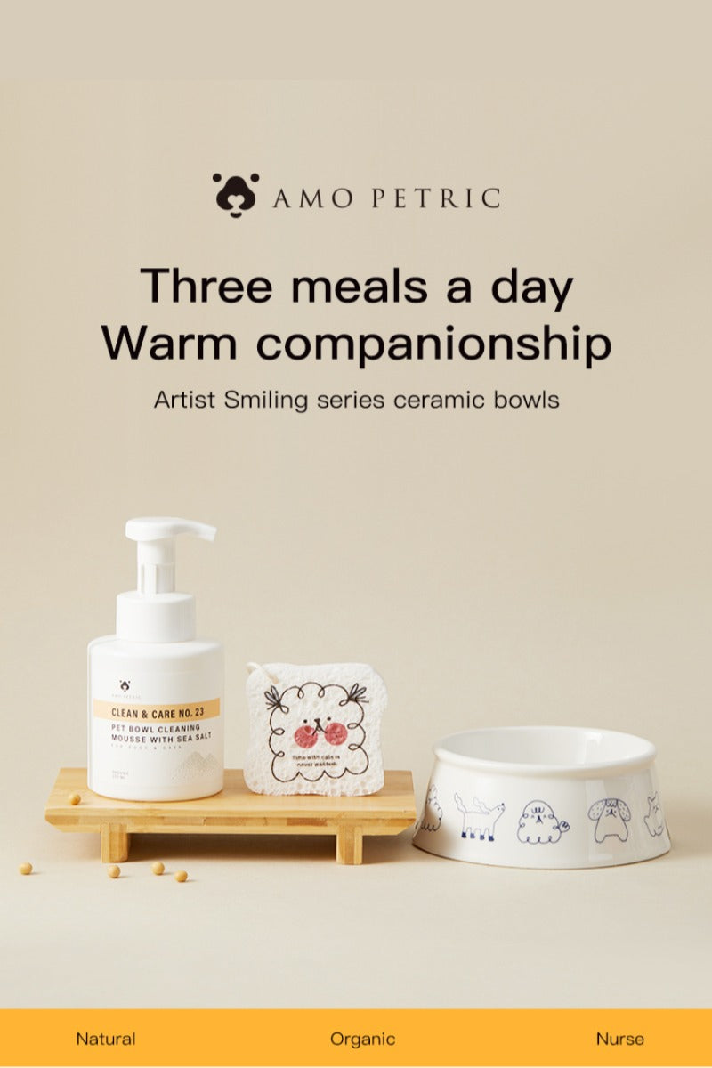 AmoPetric Smiling Ceramic Pet Bowl for Dogs & Cats