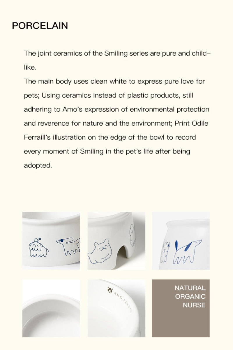 AmoPetric Smiling Ceramic Pet Bowl for Dogs & Cats