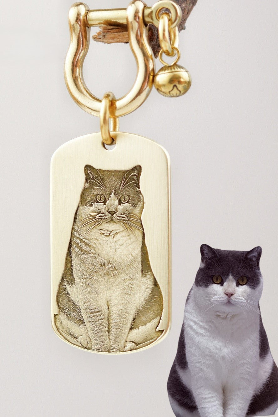 Gold dog tag with a cat's face engraving next to a real cat on a light gray background