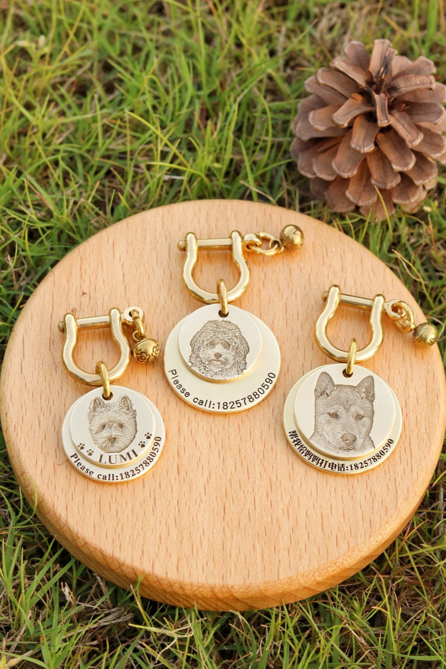 Three gold dog tags with engraved pet names on a wooden stand outdoors.