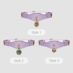 Three styles of a lavender choker with decorative elements on a light gray background