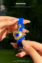 Pettrove Handmade Rhinestone Dog & Cat Leather Collar Blue Crystal Pendant