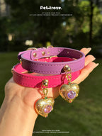 Pink and purple dog collars with heart-shaped charms held by a hand against a blurred green background.
