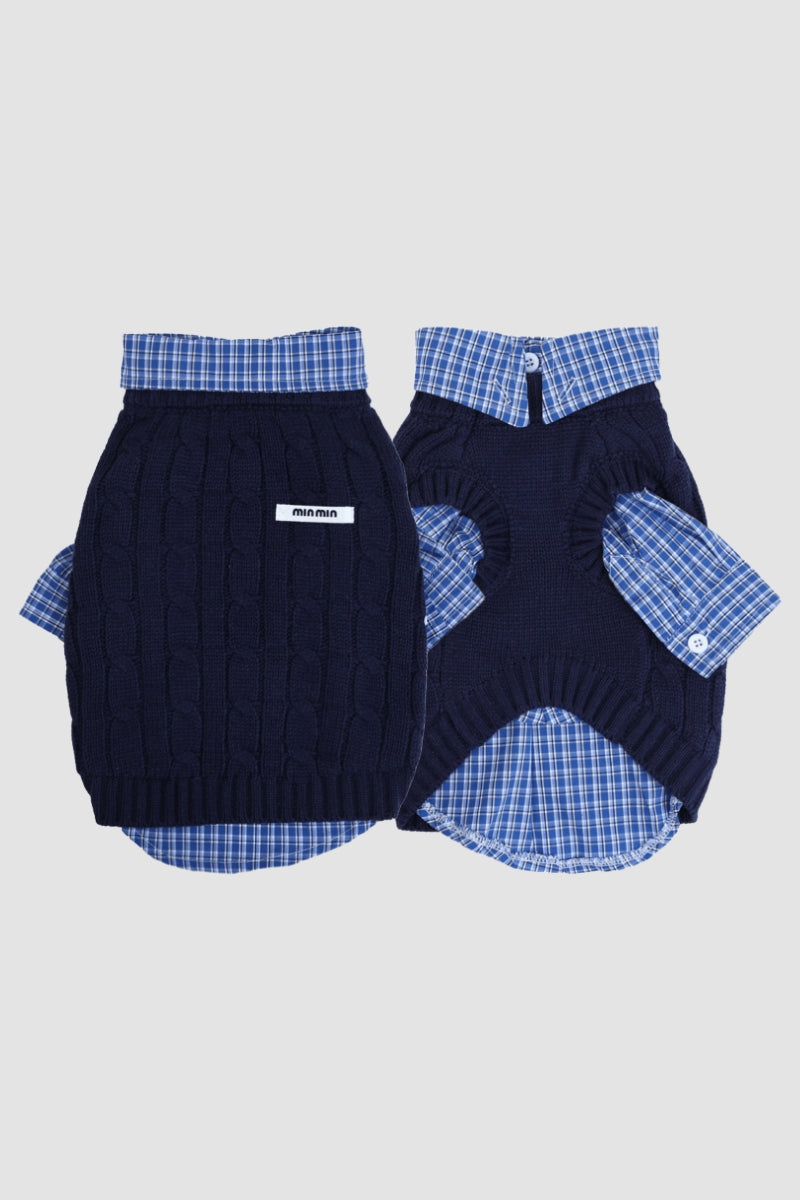 PAWSMOMENT Dog Winter Knit Sweater with Shirt - Blue
