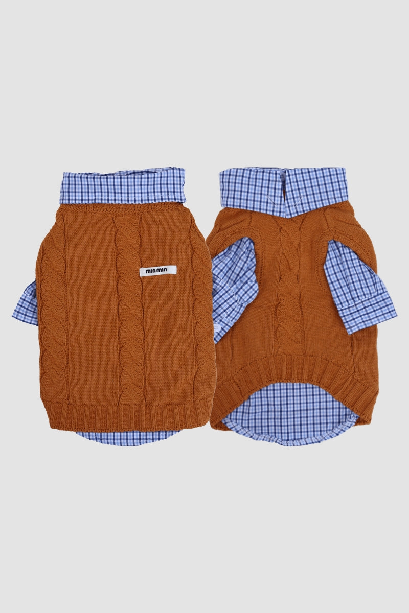 PAWSMOMENT Dog Winter Knit Sweater with Shirt - Brown/Blue