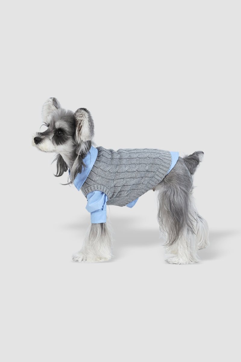 PAWSMOMENT Dog Winter Knit Sweater with Shirt - Gray/Blue