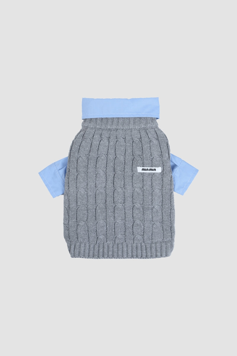 PAWSMOMENT Dog Winter Knit Sweater with Shirt - Gray/Blue