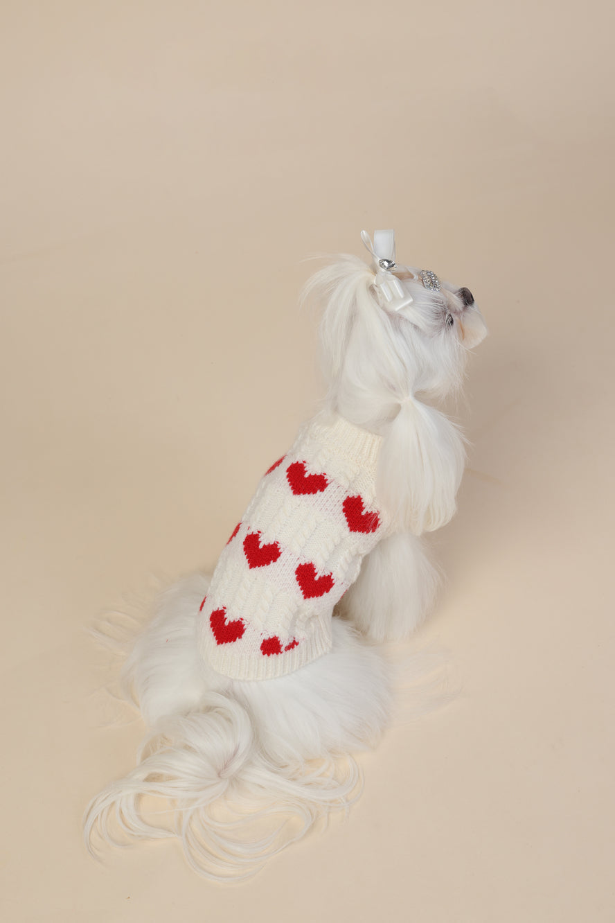 PAWSMOMENT 레드 하트 강아지 니트 스웨터 - 화이트
