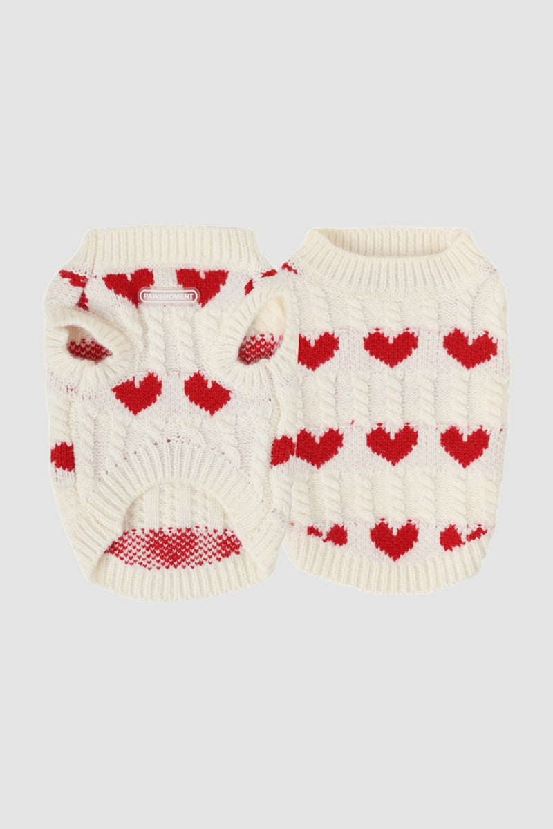 PAWSMOMENT 레드 하트 강아지 니트 스웨터 - 화이트