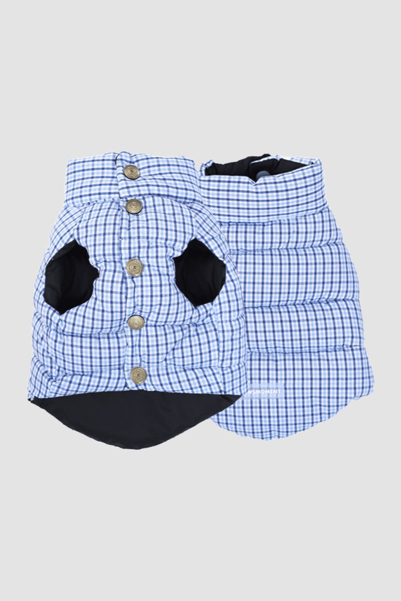 PAWSMOMENT 리버서블 체크 강아지 패딩 재킷 - 블루