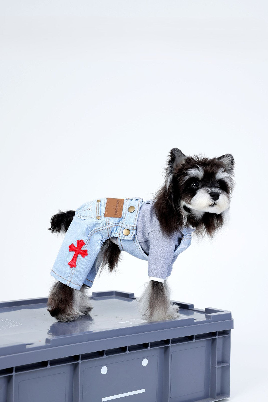 Dog wearing a denim outfit with a red cross on a gray platform against a white background